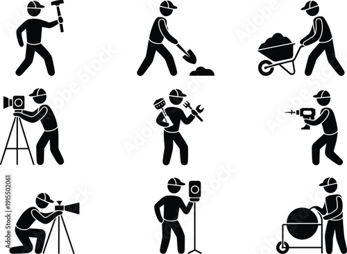 Construction worker silhouette set with different job activities, builder using tools, wheelbarrow, drill, camera and cement mixer, vector icons isolated on white background.
