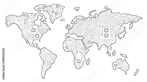 World map composed of circuit board traces and digital network patterns