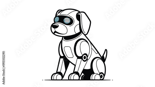 A stylized black and white illustration of a robotic puppy