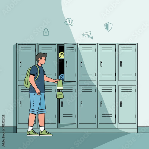 Student Securing Belongings In School Locker Room With Security Measures Evident