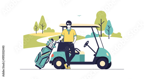 Stylish Golfer With Cart And Clubs On Course