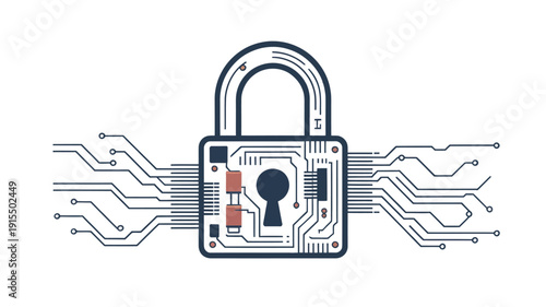A digital padlock illustration with integrated circuit board detailing