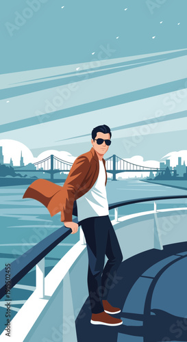 Stylish Man On Luxury Yacht With Cityscape Background