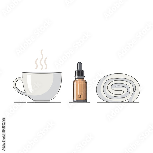 Minimalist flat vector illustration of a tea cup placed beside an essential oil bottle and rolled towel