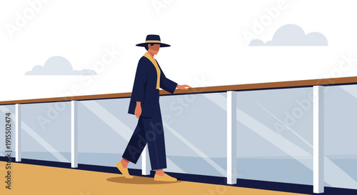Stylish Person Walking Along Cruise Ship Deck With Hat And Sunglasses