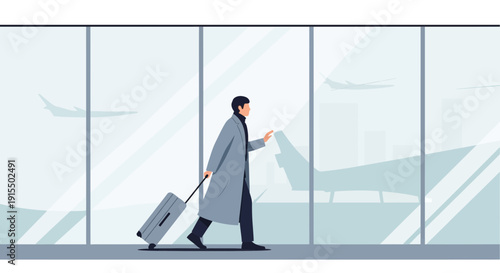 Stylish Traveler Navigating Airport Terminal With Luggage View