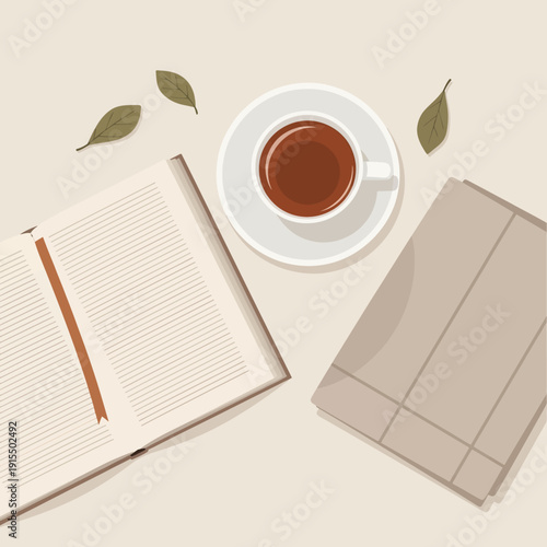 illustration of a tea cup placed beside a closed book
