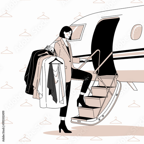 Stylish Woman Boards Private Jet With Designer Wardrobe Collection