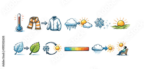 Weather changes flat icon set: seasonal transition, climate, sun, rain, snowflake
