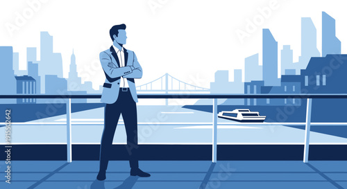 Successful Businessman Gazing At Distant Cityscape And Waterway