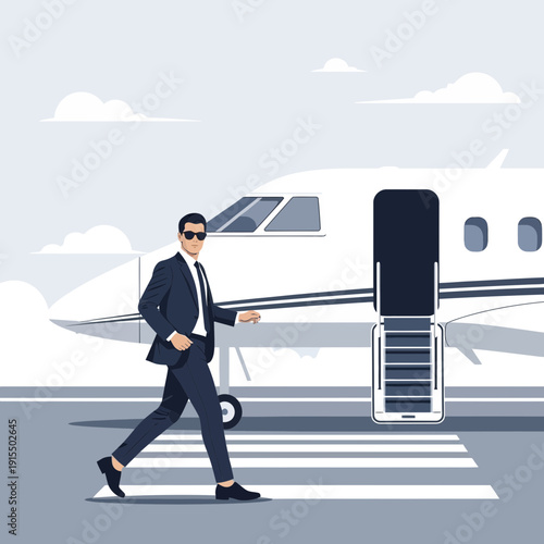 Successful Businessman Exiting Private Jet with Confidence and Style