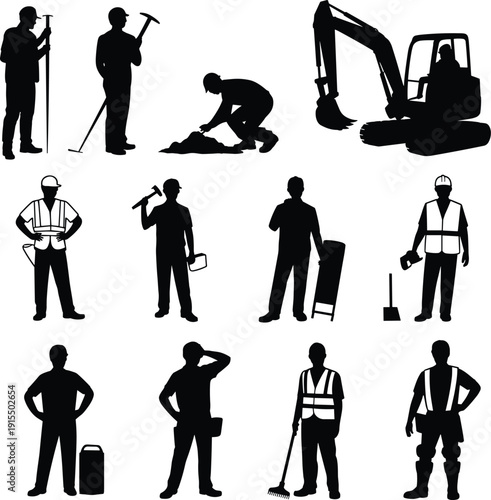Construction worker silhouettes with tools and excavator machine, builders standing and working on site, industrial labor concept, black vector illustration isolated on white.