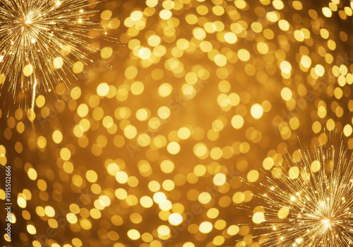 Sparkling golden bokeh lights and dynamic firework bursts create a festive atmosphere for new year's eve or a special party