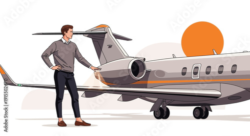 Successful Man Posing Next To Private Jet Aircraft Sunset Background