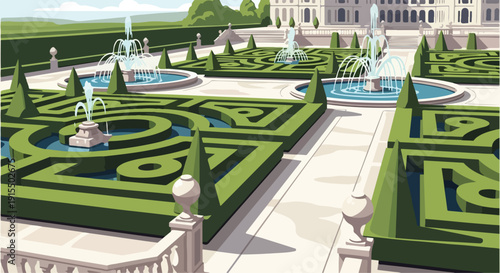 Vector illustration of a grand baroque palace garden with manicured green hedges, ornate stone balustrades, and multiple tiered water fountains under a clear blue sky.