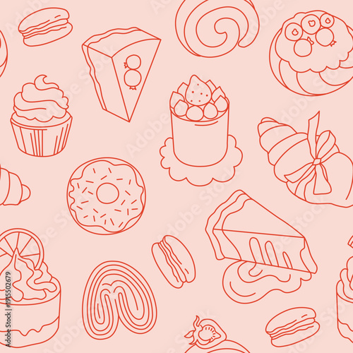 Hand-drawn seamless pattern made of desserts, pastries and sweet buns for cafe or pastry branding and packaging and backgrounds 