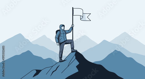 Successful Climber Standing At Summit Holding Flag With Mountain Backdrop