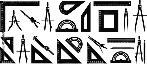 Geometry Drafting Tools Silhouette Collection Featuring Rulers Compasses Protractors Set Squares and Technical Drawing Equipment Vector Illustration Set
