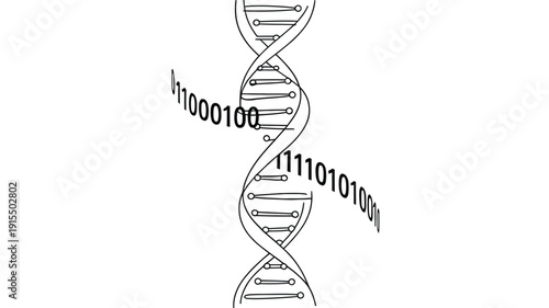 A stylized depiction of a dna double helix with binary code