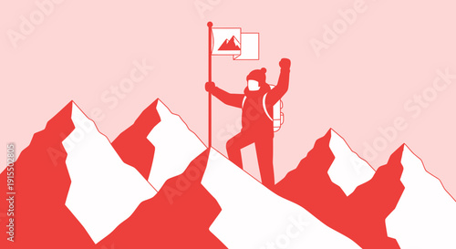 Summit Victory Climber Reaches Peak Triumph Banner Flying