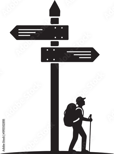Hiker with backpack standing near signpost with multiple directions to choose from freely