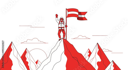 Summit Victory Climber Raising Austrian Flag Above Red Mountains Achievement