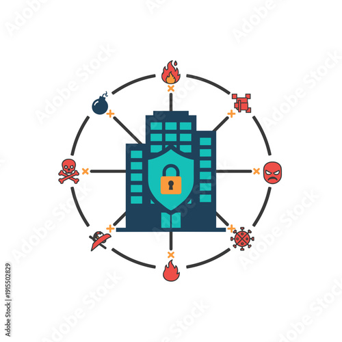 Corporate cybersecurity protection with secure building shielded against cyber threats malware and attacks representing enterprise data defense concept