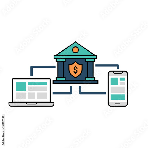 Connecting new bank system to laptop and smartphone representing fintech integration secure online banking and digital payment services