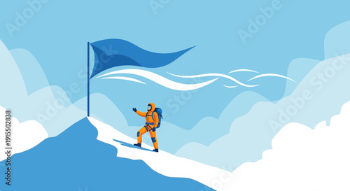Summiting A Mountain Peak Victory Flag Climber Reaching The Top