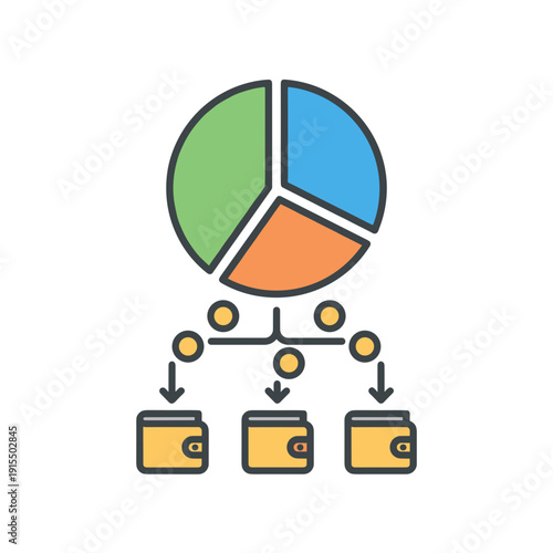 Dividend management process with pie chart distributing profits to shareholders wallets illustrating corporate finance investment returns concept