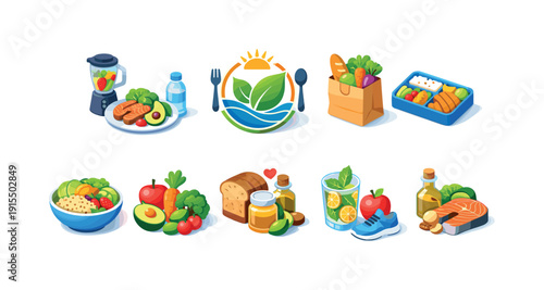 Healthy food flat icon set. Fresh ingredients, nutrition, natural food icons collection