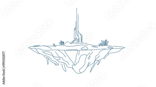Floating island with a tall slender structure and minimalist line art