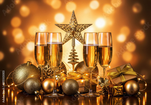 Festive christmas and new year celebration with champagne glasses, golden star, and decorations against a warm bokeh background