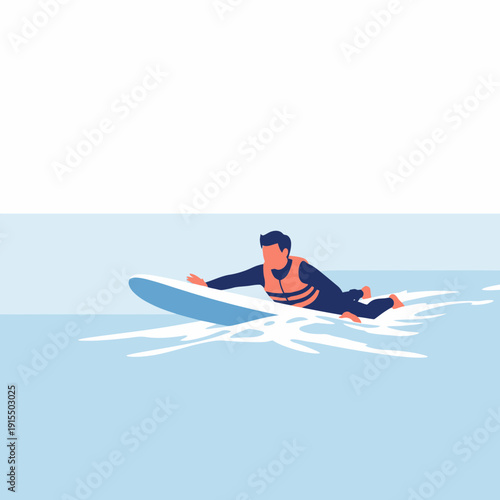 Surfer Paddling On Blue Water Wearing Orange Life Vest