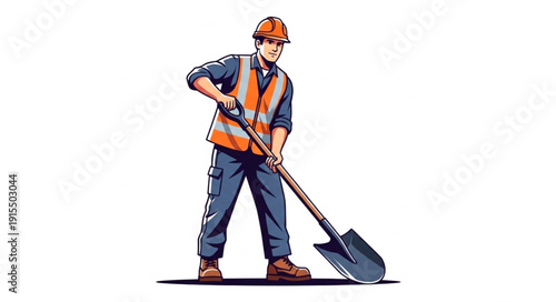 Construction Worker with Shovel Illustration.
