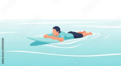 Surfer Paddling Out Calm Ocean Waters Peaceful Serene Surfing Activity Minimalist
