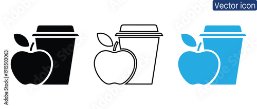 Set of modern coffee cup icons with apple designs in black, white, and blue, perfect for branding, marketing, and advertising materials