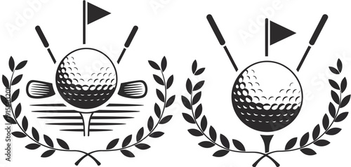 Golf Silhouette Emblem Featuring Ball, Flag, Crossed Clubs, and Laurel Wreath, Ideal for Logo Design, Golf Tournaments, Sports Branding, and Vector Illustration Projects.