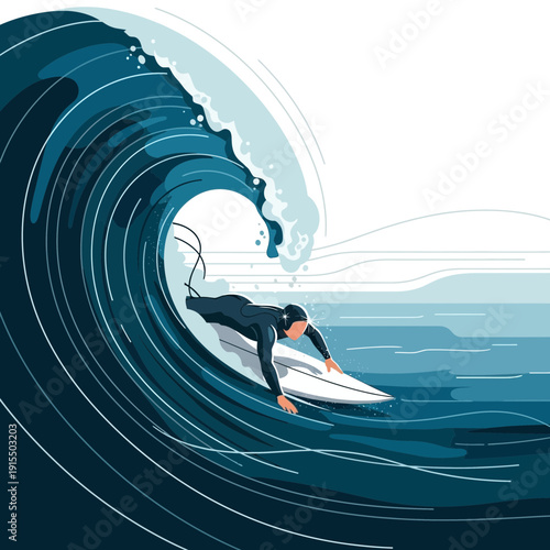 Surfer Riding Epic Barrel Wave Dynamic Ocean Sport Illustration