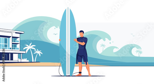 Surfer Stands With Board Next To Waves And Modern Beach House