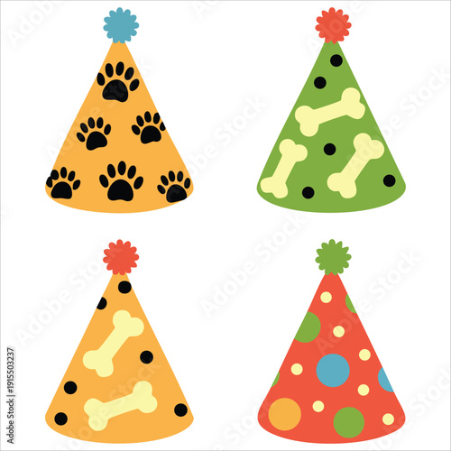 Colorful Assortment of Novelty Hats for a Canine Birthday Party Isolated Vector Illustration on White Background