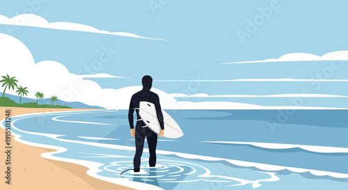 Surfer Stands Waiting For Waves On Sandy Beach With Palm Trees In Background