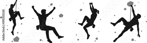 Rock climbing silhouettes set with bouldering athletes scaling mountain walls and indoor climbing gym obstacles isolated on white background vector