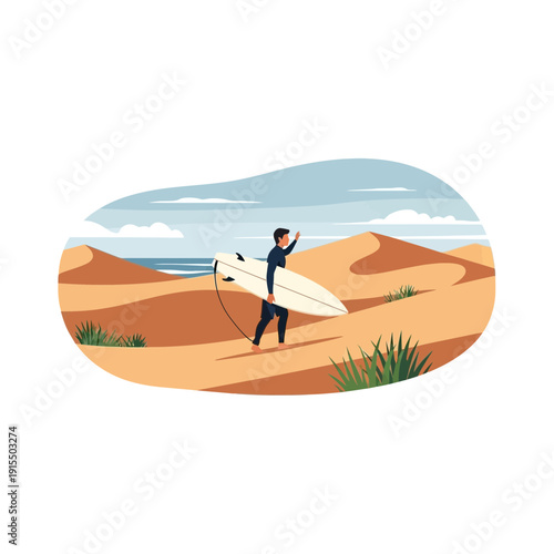 Surfer Walking Through Dunes Towards Ocean Carrying Surfboard