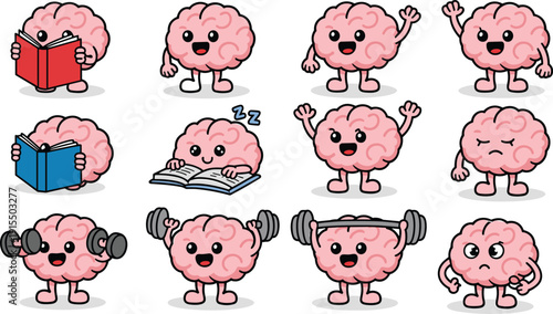 Cute brain cartoon character set showing reading, sleeping, thinking, waving, and exercising with dumbbells, funny mental health mascot illustration isolated on white background.