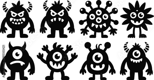 Cute monster silhouette set with funny scary cartoon creatures, spooky halloween characters with horns and multiple eyes, black icons isolated on white background.