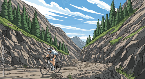 Vector illustration of a lone cyclist riding a mountain bike on a winding dirt road through a steep, rocky mountain pass with green pine trees under a blue sky.