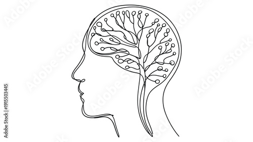 A human head silhouette containing a tree and circuit board design