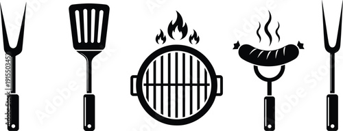 Barbecue Grill and Cooking Utensil Icon Set for BBQ Party and Culinary Design