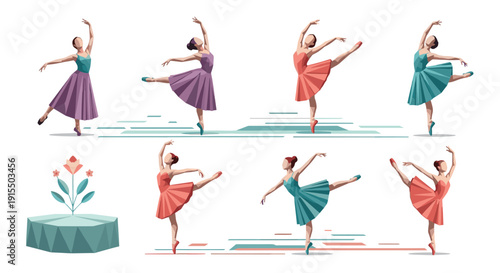 A beautiful collection of low-poly illustrations showcases a graceful ballerina performing a series of elegant and classic ballet dance poses and movements.